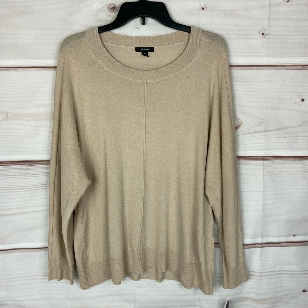 Alfani Sweater Womens 0X Plus Beige Pullover Round Neck Dolman Sleeve Solid